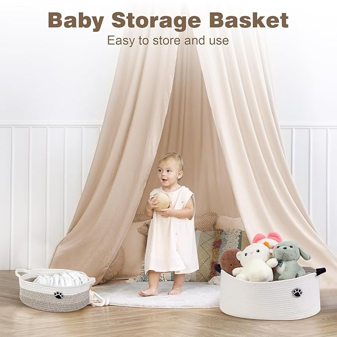 Dog Toy Basket, Toy Box and Bin for Dog Cat Storage, 19.7" X 11" X 7.9" (30L) Large Woven Basket for Blanket Storage, Rope Baskets for Living Room, Bedroom, White