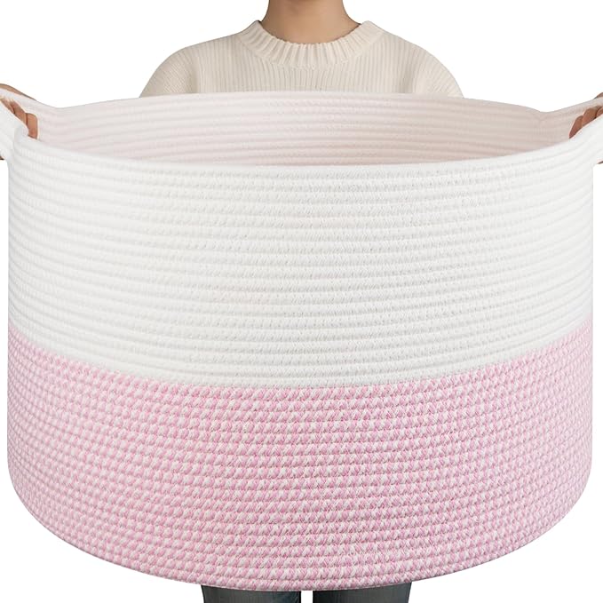 OIAHOMY 90L XXXLarge Blanket Basket for Living Room, 21.7" x 13.8" Woven Cotton Rope Laundry Basket for Organizing Pillows, Decorative Stuffed Animal Toy Storage for Nursery, White and Pink