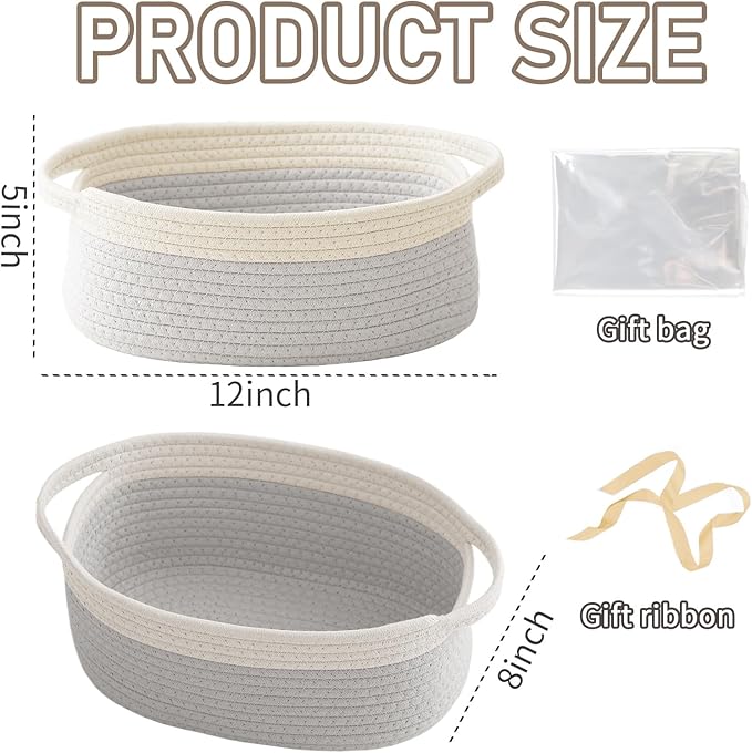 JMvicyroam Woven Basket,Small Rope Storage Bin with Handles & Ribbon Bag, Organizer for Shelves Closets,Gift Basket Empty for Birthday,Books,Dog Toys, White&Grey/3 Pack