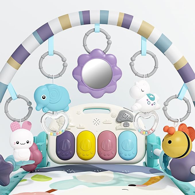 Baby Gym With Kick and Play Piano, Activity Mat for Tummy Time With 5 Infant Learning Sensory, Music and Lights for Newborn Boy or Girl (Green)