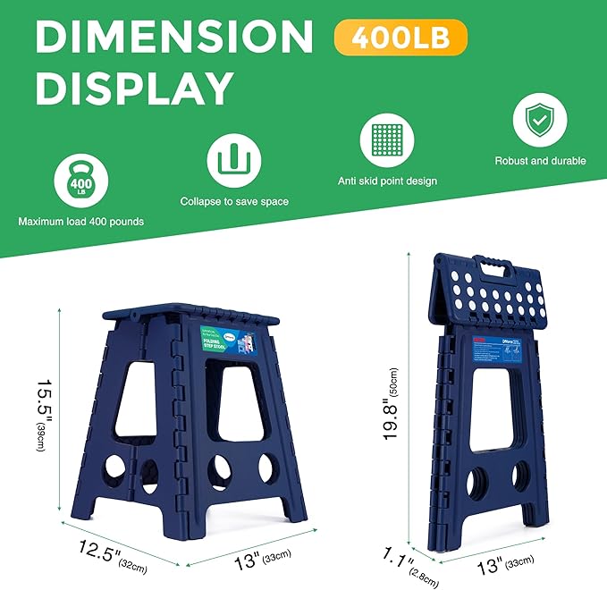 Dyforce 16 Inch Folding Step Stool 400lbs Capacity Sturdy Plastic Foldable Step Stools for Adults Stepping Stool with Handle Easy to Carry Handle Folding Stool for Kitchen (Royal Blue 1PC)
