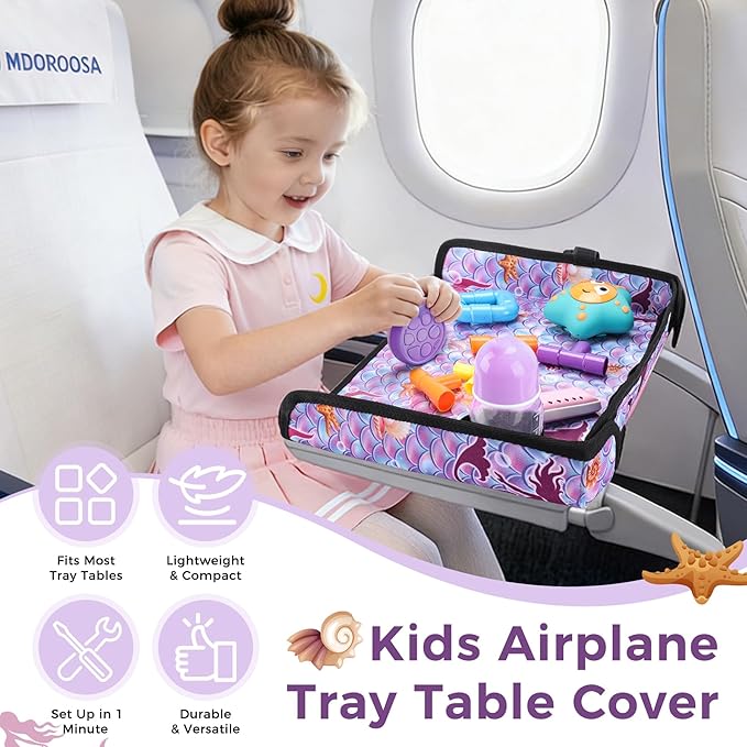 COOLBEBE Airplane Tray Table Cover, Foldable Travel Tray Cover for Toddlers 1-3, Universal Fit for Airplane, Car Seat, High Chair, Machine Washable, Mermaid