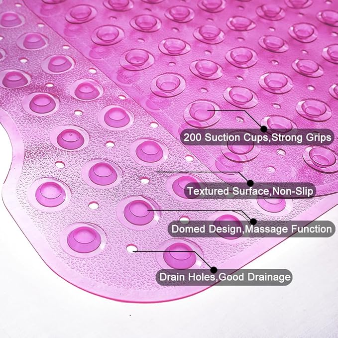 Bathtub Mats for Shower Tub Non-Slip Bath Mat 39 x 16 Inch Extra Long Shower Mat, Bath Tub Mat for Bathroom with Machine Washable, BPA Free for Kids (Clear Hot Pink)
