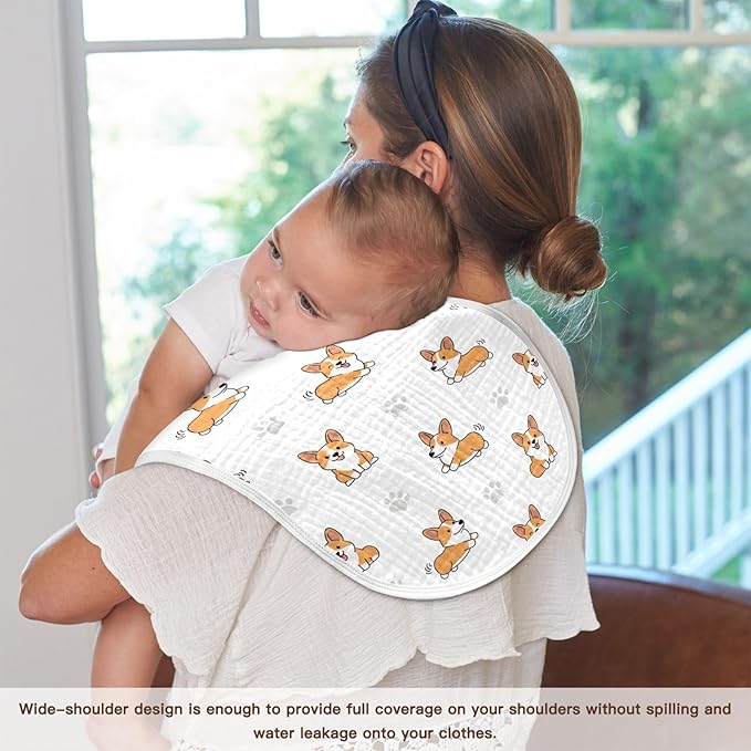 Qinllo 4 Pack Muslin Burp Cloths Cute Corgi Dogs White Cotton Baby Burp Cloths Absorbent Burping Cloth Soft Spit Up Rags for Newborn Must Haves 22x11 Inch