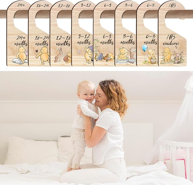 8Pcs Winnie Baby Closet Dividers, Winnie Baby Clothes Dividers for Closet, Newborn Baby Stuff for Baby Boys Girls, Wooden Double-Sided Baby Hanger Organizer from Newborn to Toddler