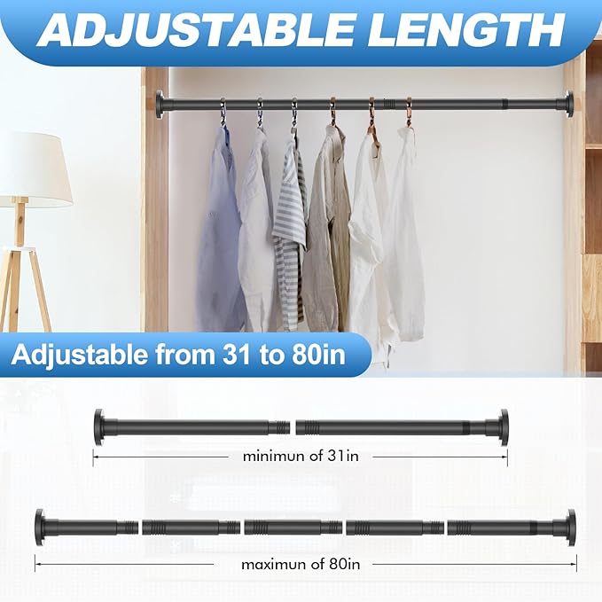 CorkLatta 2 Pack Black Shower Curtain Rod 31 to 80 Inch,1 Inch Diameter Adjustable Spring Tension Stainless Steel Telescoping Rod,Easy Install,No Rust