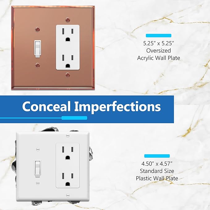 LIDER Reflective Acrylic Combination Wall Plate, Mirrored Double Switch Plate, Combo Toggle Switch and Decorator Outlet Cover, Acrylic Glass, Oversized 2-Gang 5.25" x 5.25", LWP-1131O-ARG, Rose Gold