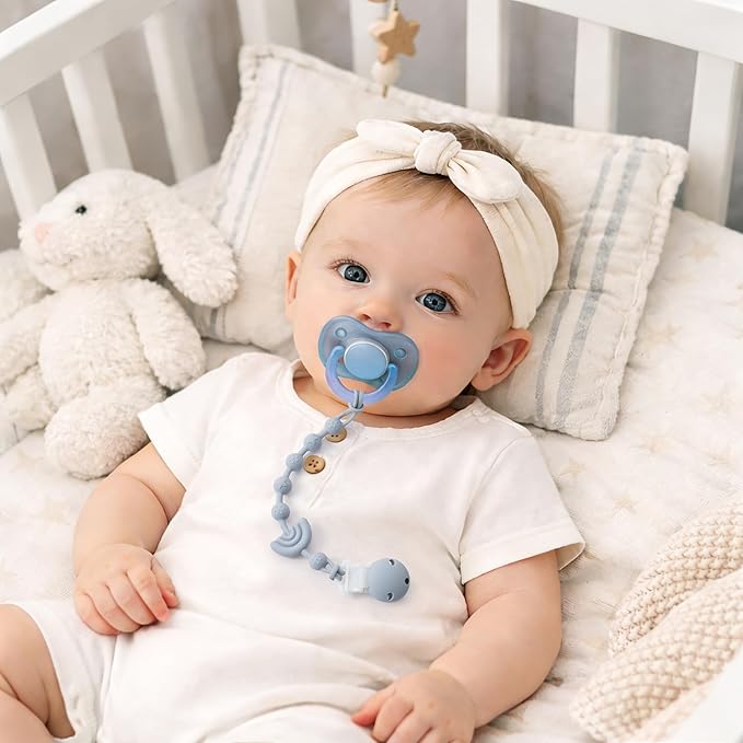 Baby Pacifier Clips One Piece Binky Clip Holder Silicone Teether Clip Pacifier Straps with Clip Baby Teether Toys for Boys and Girls Set of 3 Andy Bear-Ivory+Sage+Baby Blue