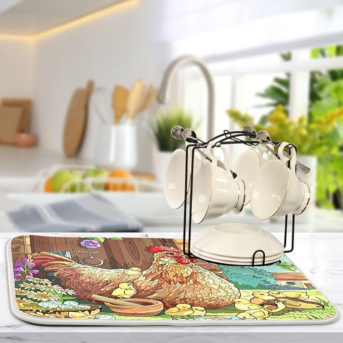 Absorbent Dish Drying Mat for Kitchen Counter - Rooster Birdie Chick Microfiber Drying Pad, Reversible Drainer Mats for Countertop, Small 16" x 18"