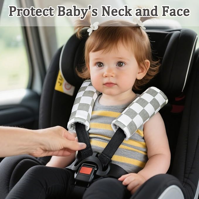 DILIMI Baby Car Seat Belt Covers, 2Pcs Carseat Shoulder Strap Pads, Soft Minky Car Seat Neck Covers, Newborn Car Seat Strap Protectors, Stroller Strap Covers for Baby Kids, Grey Checkered