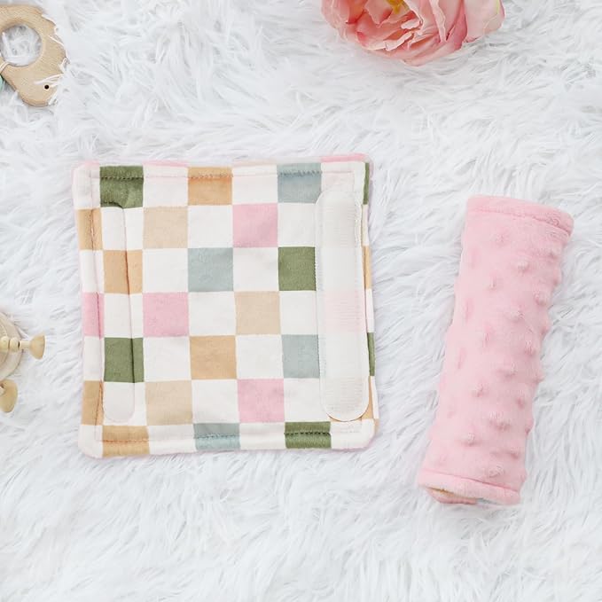 DILIMI Baby Car Seat Belt Covers, 2Pcs Carseat Shoulder Strap Pads, Soft Minky Car Seat Neck Covers, Newborn Car Seat Strap Protectors, Stroller Strap Covers for Baby Kids, Colorful Checkered