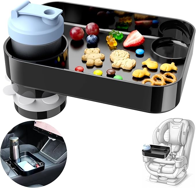 Car Seat Snack Tray for Kids, Mess-Free Square Travel Tray Cup Holder Snack Tray, Durable Car Food Tray for Toddlers, Universal Fit Kids Travel Road Trip Essentials (Black)