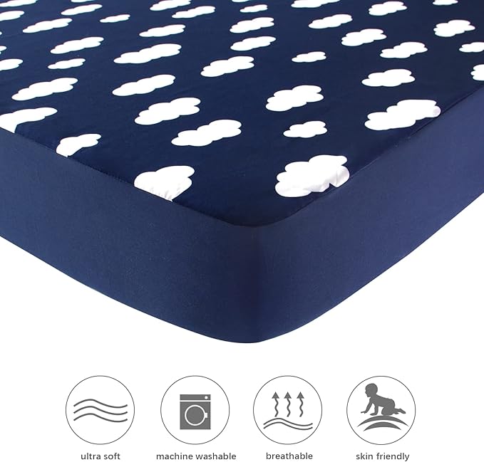 Square Playard/Playpen Fitted Sheets, Perfect for New Room2 / TotBloc Portable Playard, 2 Pack, Ultra Soft Microfiber, Fitted Playpen Sheet, Navy Cloud and Grey Arrow