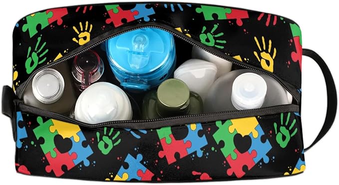 Travel Toiletry Bag for Kids Colorful Puzzle Waterproof Hanging Cosmetic Pouch Dopp Kit Medicine Organizer Bag for Girls & Boys
