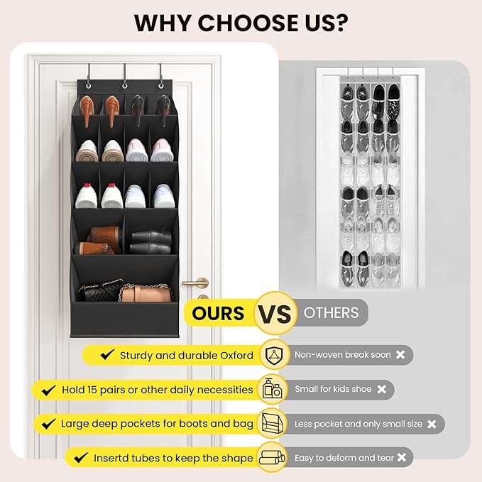 Mefirt Over the Door Shoe Rack with Large Deep Pockets, Door Shoes Organizer for Closet, Hanging Boots Shoe Rack, Behind the Door Narrow Shoe Holder, Multiple Pockets for Flexible Storage, Black ﻿