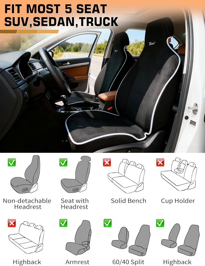 TESFEEL Car Seat Cover Towel, Waterproof Terry Cloth Car Seat Cover Universal Fit for Cars, SUVs, Pickups, Washable Car Seat Protector Brand Customized(Black,2pcs)