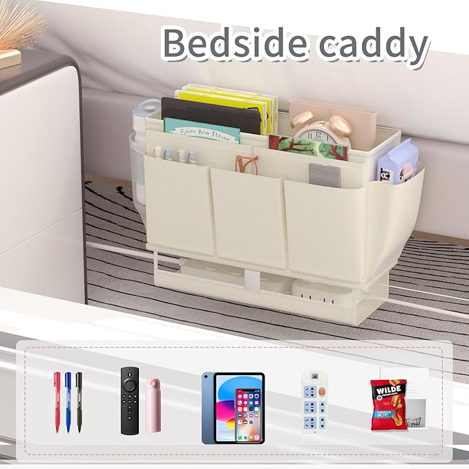 Bedside Caddy Bedside Organizer,Bed Caddy with 11 Pockets and Power Strip Holder,Versatile Bedside Storage Caddy for Home,Dorm,Bunk,Hospital,Crib Bed (White)