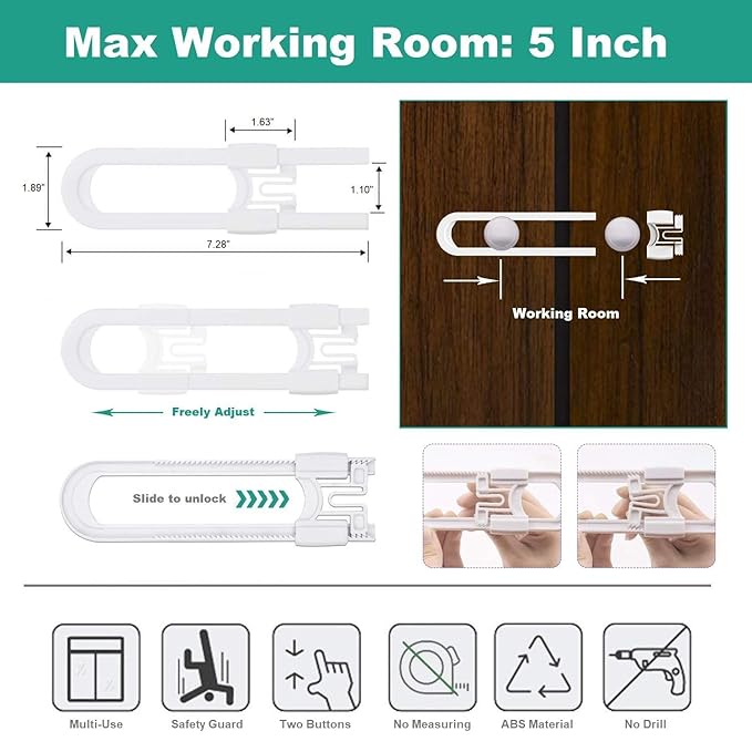 Sliding Cabinet Child Safety Locks - OKEFAN Baby Proofing Cabinet Lock Cupboard Latches for Kids on Closet Door Knobs Handles Pulls No Drill (8, White)