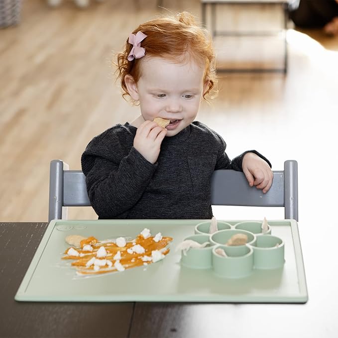 ezpz Play Mat for Baby + Toddler - 6 Months+ (Sage) - Suction Plate with Flower Compartments for Crafts, Painting, Sorting, Snack Time - Fits Standard Piece of Paper