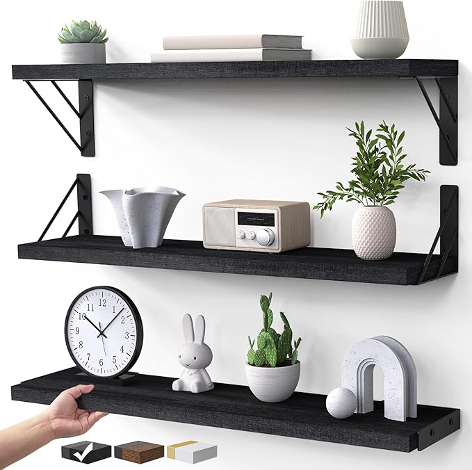 BAYKA Wall Mounted Floating Shelves, Wood Floating Wall Shelf for Books & Decor, Small Space-Saving Display & Organizer（Black，23in，Set of 3）