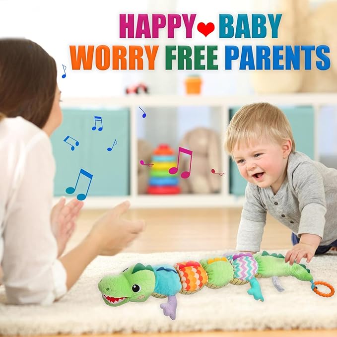 Baby Sensory Green Dinosaur Plush Musical Rattle Toy with Rustling Sounds for Infant 0-6 Months, Tummy Time Sensory Toys for 3-12 Month Old Newborn