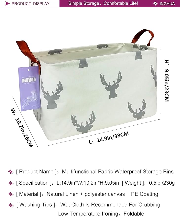 INGHUA Rectangular Storage Basket Fabric Organizer Bin for Toys,Books,Clothes,Gifts,Pets-Perfect for Home,Office,Nursery,Dorm,Shelf(Rec grey deer)