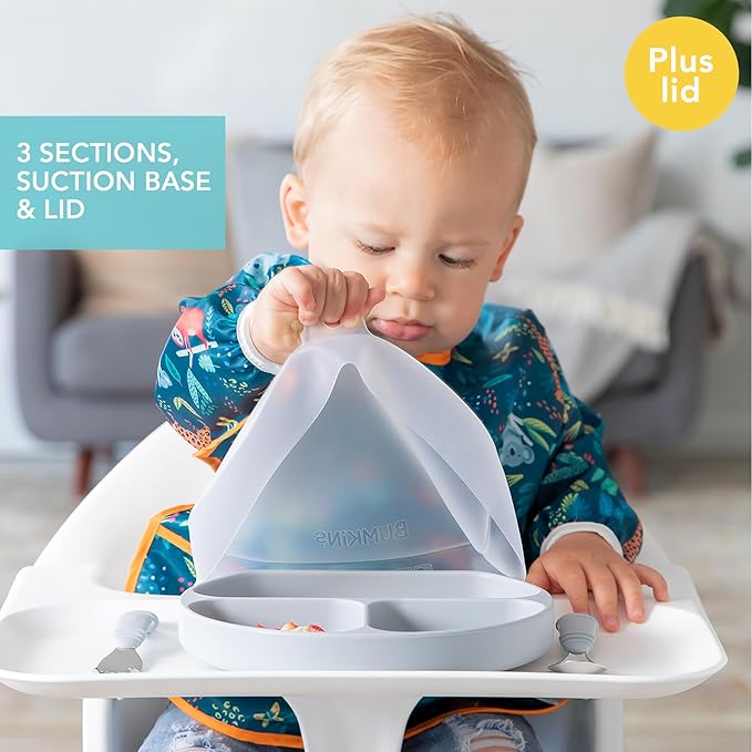 Bumkins Toddler and Baby Suction Plate, Silicone Divided Grip Dish and Lid, Babies and Kids, Baby Led Weaning, Children Feeding Supplies, Non Skid Bottom, Platinum Silicone, Ages 6 Months Up, Gray