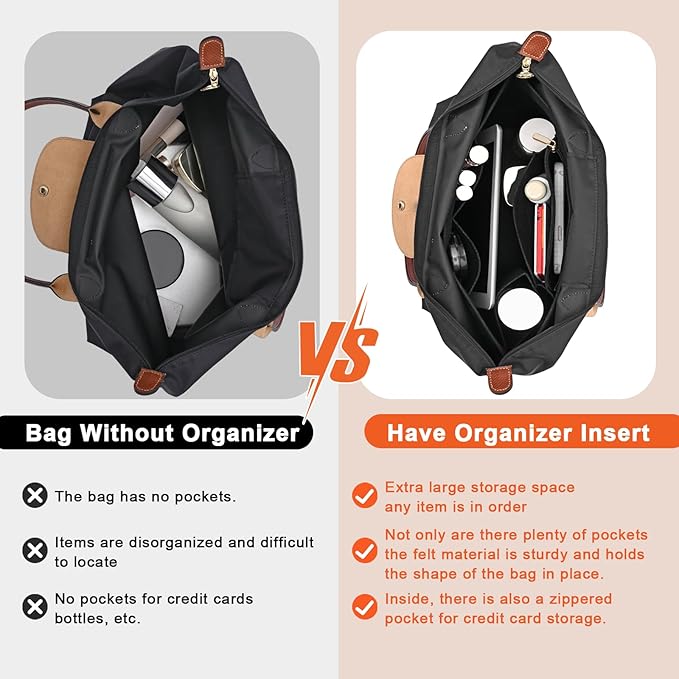 Felt Purse Organizer Insert for Longchamp Le Pliage L Handbag Insert (Large, Black)