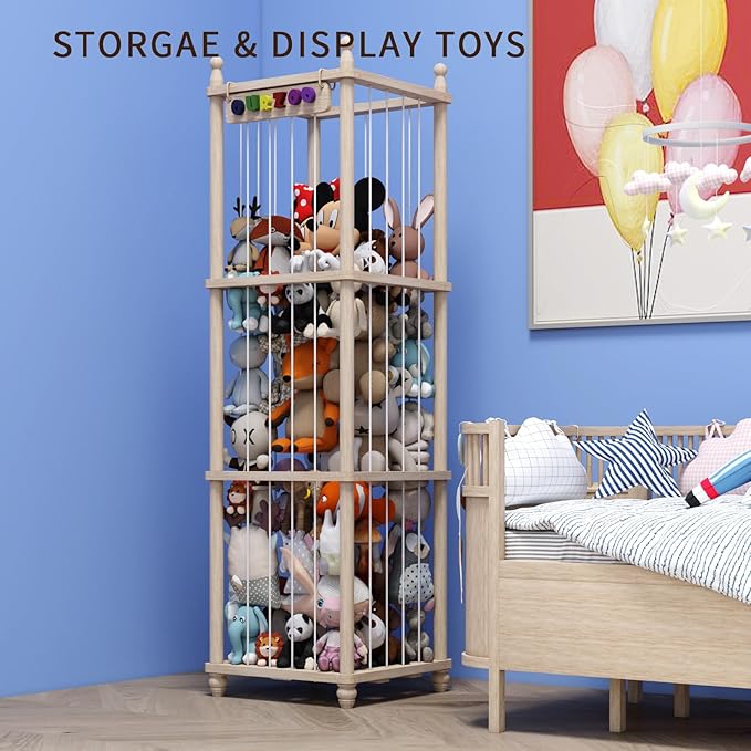 Stuffed Animal Storage Wood Toy Storage Organizer, Upgraded Design from Bean Bag Stuffed Animal Hammock Plushie Net, Large Toy Chest Stuffed animal holder for Kids Nursery Playroom Bedroom （XL）