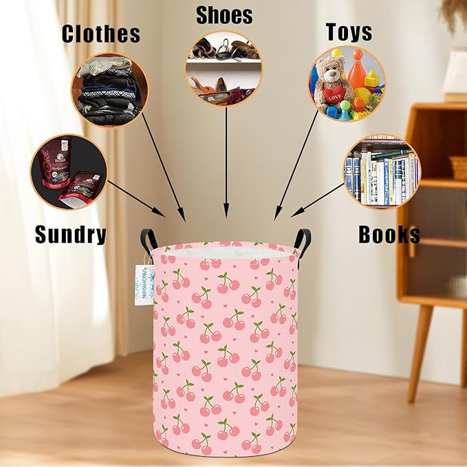 LANGYASHAN Laundry Basket Canvas Fabric Collapsible Organizer Basket for Storage Bin Toy Bins Gift Baskets Bedroom Clothes Children Nursery Hamper (Pink Cherry)