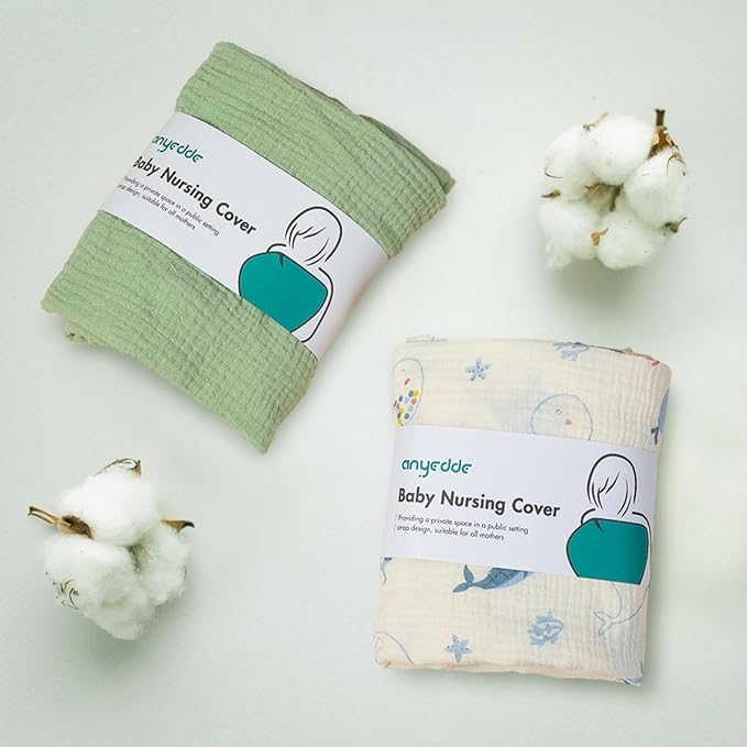 ANYEDDE 2-Pack Nursing Cover for Baby Breastfeeding - Muslin Breastfeeding Covers for Women Nursing, Breathable, Soft Arch Neckline, Green & Whale