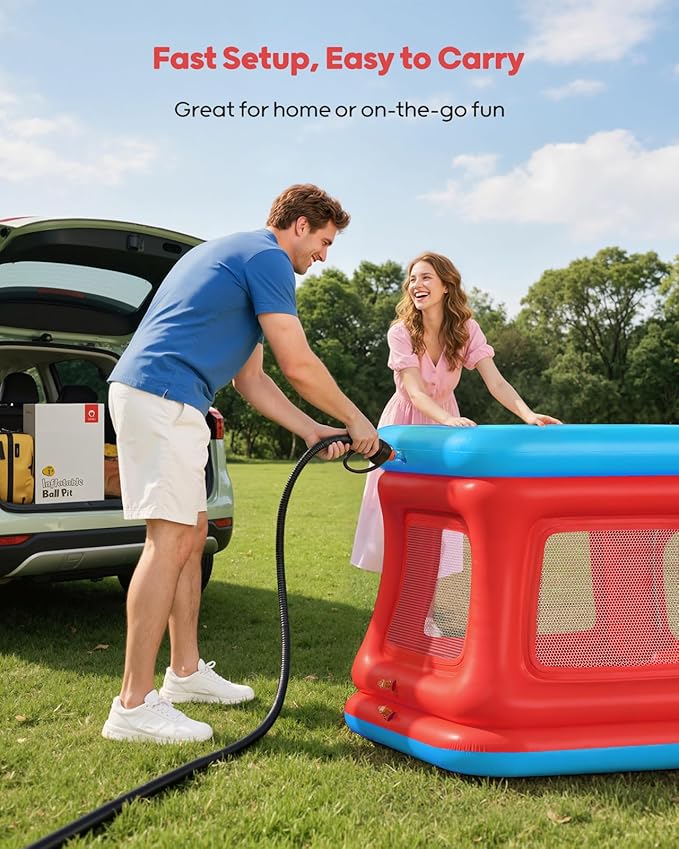 QPAU 3-in-1 Inflatable Bounce House for Toddlers 1-3, Ball Pit & Trampoline, Inflatable Bouncy House with Safety Net, Indoor & Outdoor Bubble Bouncer (Blue & Red)