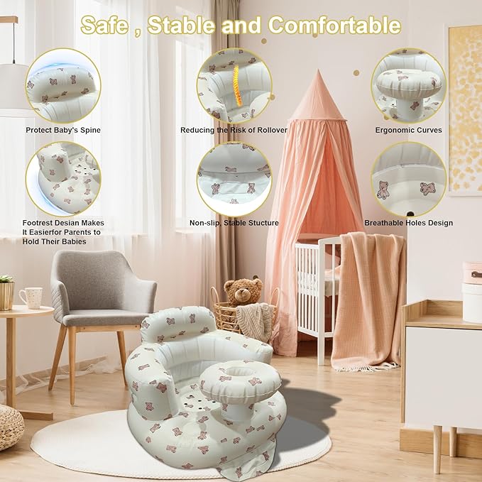 Inflatable Baby Seat for Babies 3-36 Months, Baby Chair with Fence & Built in Air Pump, Blow Up Floor Baby Seat with Back Support, Inflatable Baby Chair Sit Me Up for Home Bear-Tray