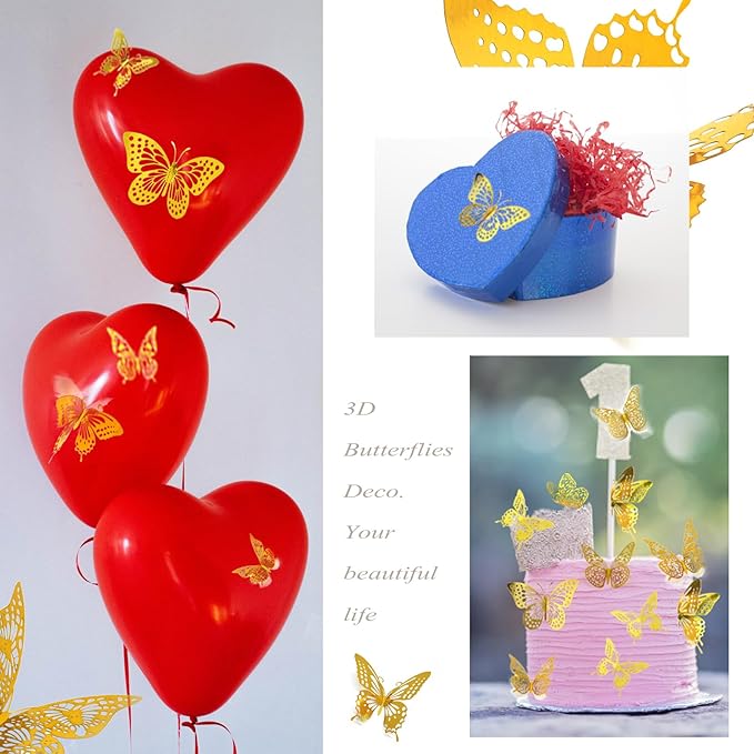 JOSDIOX 3D Gold Butterfly Wall Stickers - 72 Pcs with 4 Styles & 3 Sizes, Removable Decor for Party Birthday Wedding Cake Balloon Decoration (72 Gold)