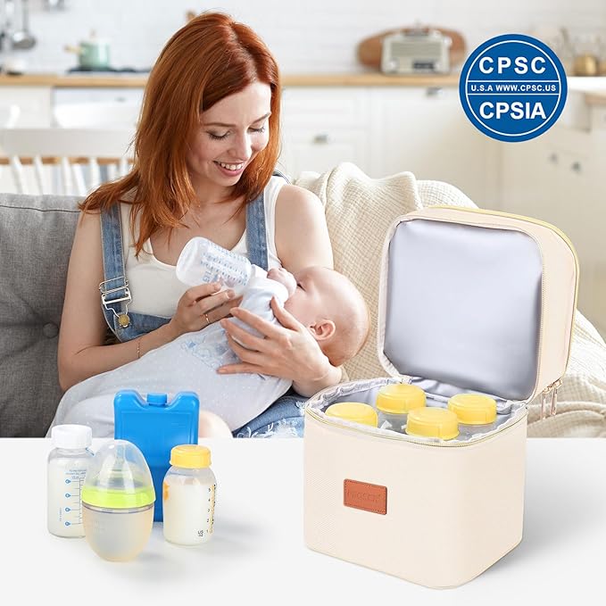 PIIOSER Insulated Baby Cooler Bag with Ice Pack, Fits 4 Baby Bottles Up to 5 Ounce, Portable Breastmilk Cooler Travel Bag with Buckle for Nursing & Working Mom Daycare (Cream-XS-1