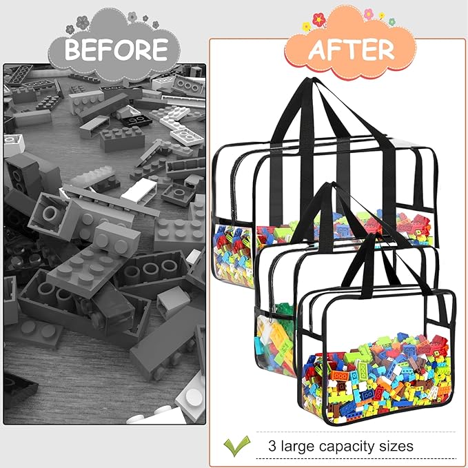 6 Packs Toy Storage Bags with Labels, Reusable Clear PVC Board Game Storage, Travel Waterproof Organizer Bags with Zipper Large Capacity (L, XL, XXL)