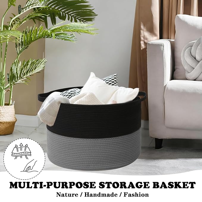 Large Storage Basket with Handle,23.6" x 23.6" x 15.7" Blanket Basket Storage Bins for Organizing,115L Cotton Rope Woven Baskets for Living Room, Nursery,Bedroom,Black&Dark Grey