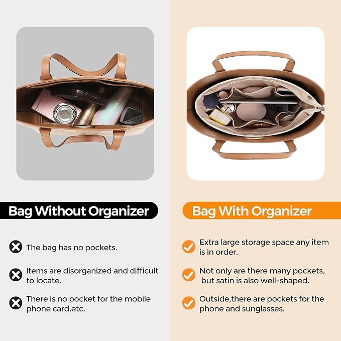 SDANG Purse Organizer Insert with Zipper – Pink Handbag & Tote Bag Organizer | Bag-in-Bag Insert with Pockets for Purses, Totes & Travel(Beige,Medium 28)