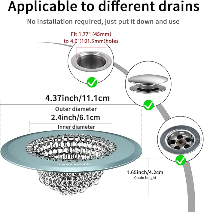 TRAPMATE Reversible Bathtub Drain Hair Catcher, Prevent Clogging Shower Drain Cover, Patend 304 Stainless Steel Drain Strainer for Regular & Pop-up Drain (Teal)