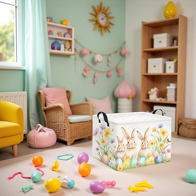 TIBAOLOVER Rectangular Easter Basket Easter Gift Basket for Kids Baby Storage Basket Cute Toy Storage Bin Organizer Shelf Book Basket Easter Room Decor(Easter Bunny)