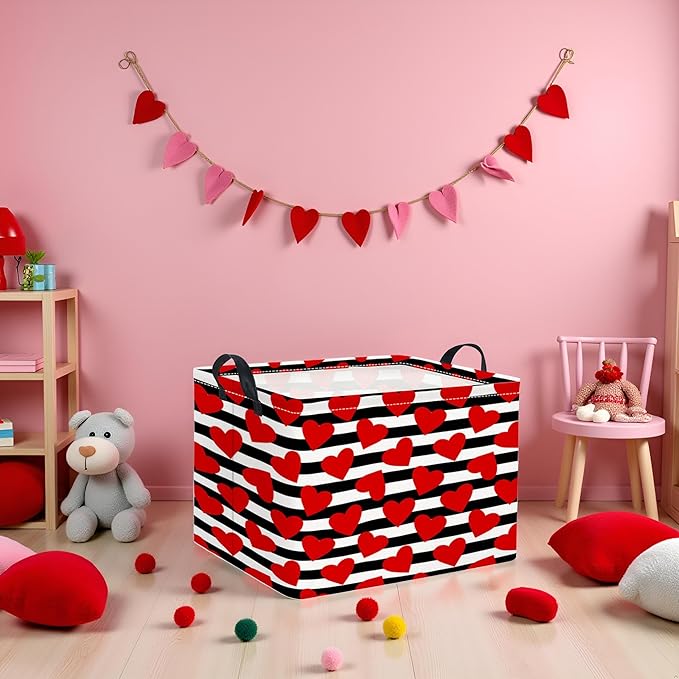TIBAOLOVER Rectangular Valentines Basket for Women Girls Storage Bin Organizer Box Shelf Room Decor(Black Red Heart)