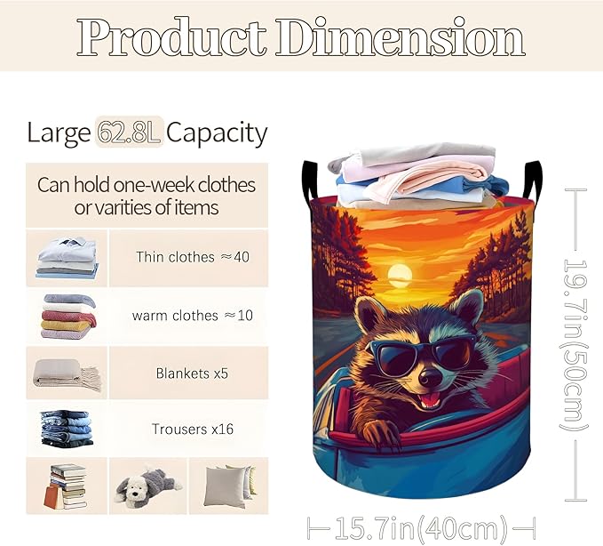 Cool Raccoon Sunset Drive Laundry Basket 19.7"x15.7", Collapsible Dirty Clothes Waterproof Cute Animal Laundry Hamper Organizer Toy Storage Bin for Dorm Nursery Bathroom Decor