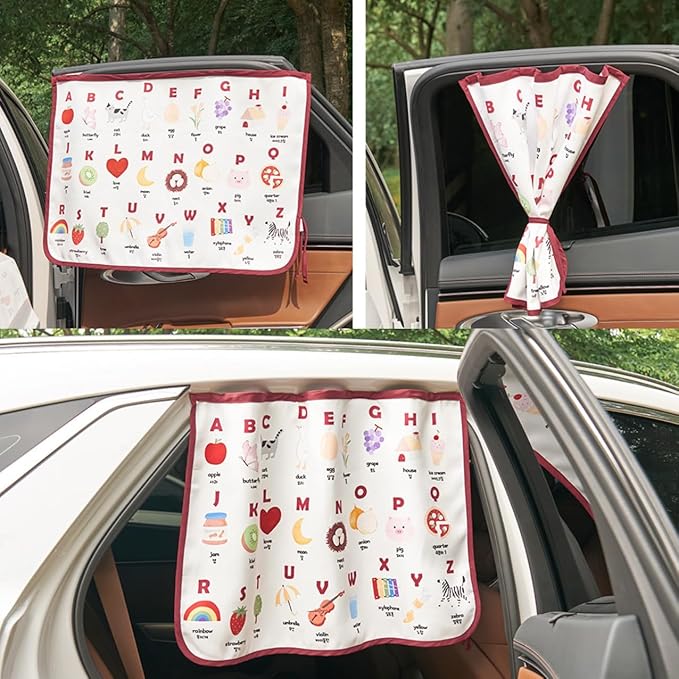 BEBEDECO Magnetic Car Sun Shade Curtain for Side Window – Sun Blocker and UV Protector for Baby, Kids, and Pets – Universal Fit with Built-in Magnets for Steel-Framed Door (Magnet-New Alphabet)