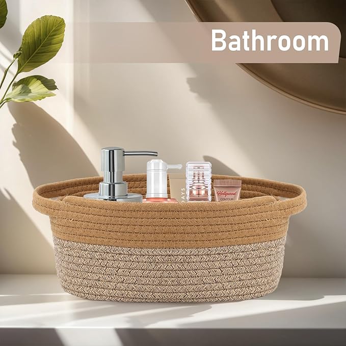 JMvicyroam Woven Basket,Small Rope Storage Bin with Handles & Ribbon Bag, Organizer for Shelves Closets,Gift Basket Empty for Birthday,Books,Dog Toys, Jute&Brown/2 Pack