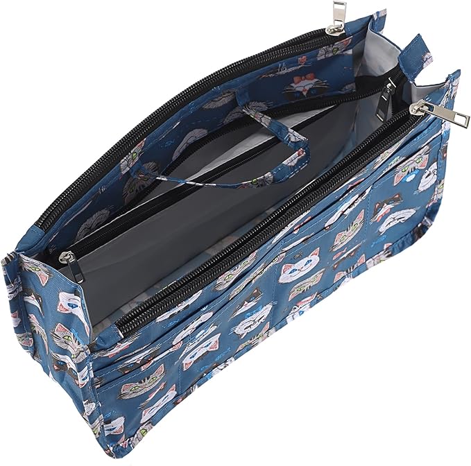 BTSKY Printing Handbag Organizers Inside Purse Insert - High Capacity 13 Pockets Bag Tote Organizer with Handle Cat