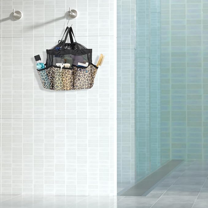 F-color Mesh Shower Caddy Portable with Drawstring - Large 8 Pockets Dorm Room Essentials for Guys Girls with S Hook, Shower Bag Basket Tote for College Camping Gym Travel Toiletry Bathroom, Leopard