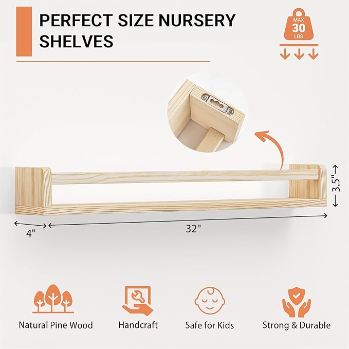 Heimlove Nursery Floating Shelves, Solid Wood Nursery Book Shelves for Wall, 32 inch Bookshelf for Kids, Wall Mounted Shelves for Books, Toys and Decor Storage, Set of 3