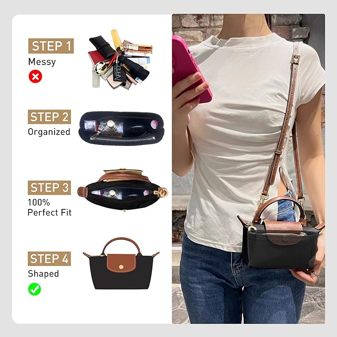 Felt Purse Organizer Insert Compatible with Longchamp Le Pliage Mini Original/Green Pouch and More, Small Bag Insert with Zipper for Women Handbag(Mini, Black)