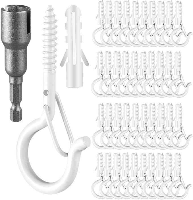 FSAH 48 PCS Q-Hanger Hooks, Screw Hooks for Outdoor String Lights, Safety Buckle Design Cup Eye Hook for Hanging Christmas Lights, Plants, Mounted on Wall Ceiling, Include 1 Wing Nut Driver, White