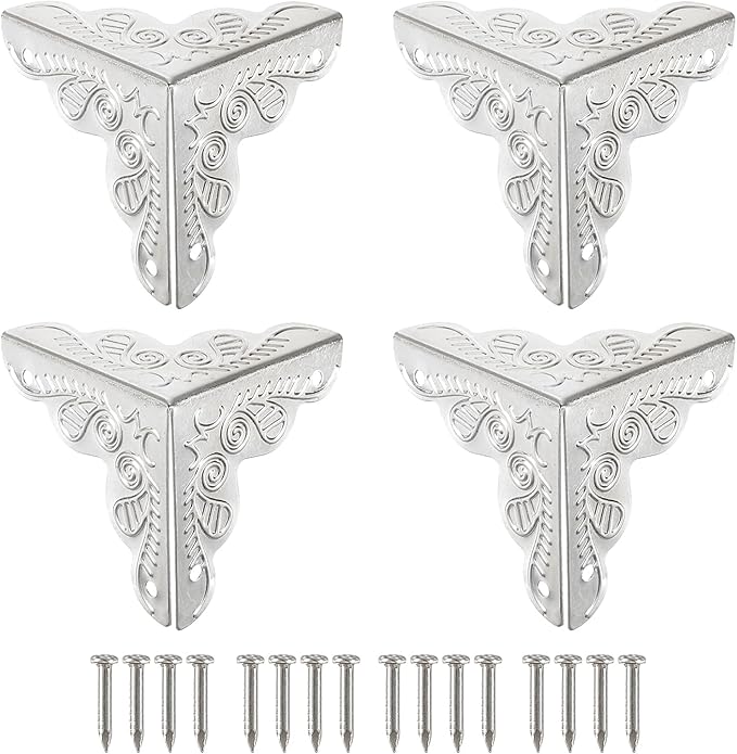 uxcell 30 Pcs Box Edge Guard, 25mm Decorative Box Corner Cover, Corner Protector, Vintage Stair Dust Corners with Screws, Silver